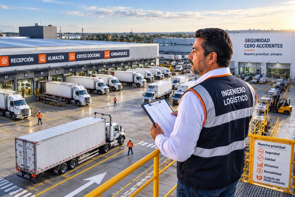 Ingeniero logístico supervisando patio de embarques